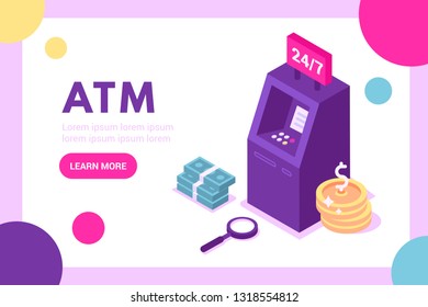 Concept ATM for web page, banner, presentation, social media. Vector illustration, money. Banknotes and money in the form of coins near machine. Money. Isometric flat isolated vector. Finance