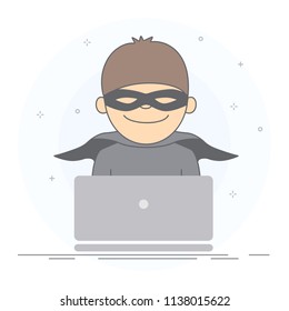 Concept of сyber attack and security. Hacker thief wearing a villain's suit stealing passwords and confidential data from laptop. Hand drawn style, vector illustration, white background.
