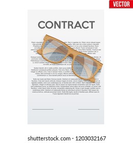 Concept of attentive and careful research Legal contract before signing. Contract document and glasses. Vector illustration isolated on background.