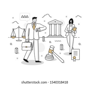 Concept Of Attorney Company. Business Lawyers & Legal Services Consulting. Professional Legal Support. Line Illustration For Website Or Printed Media