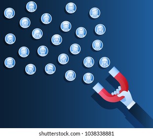 Concept of attracting customers and clients to business. Hand holding magnet on blue background. Vector illustration in flat style.