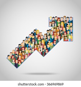 Concept of attracting customers and clients to business. Arrow with crowd of people. Vector illustration in flat style.