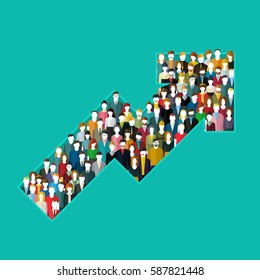 Concept of attracting customers and clients to business. Arrow with crowd of people. Vector illustration in flat style.