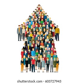 Concept of attracting customers and clients to business. Arrow with crowd of people. Vector illustration in flat style.