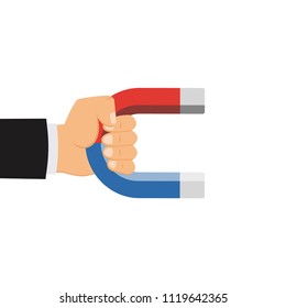 The concept of attracting desires. Human hand holding a magnet. Vector illustration.