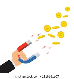The concept of attracting desires. Human hand holding a magnet. Attracting money, investment, magnet attracting finance. Vector illustration.