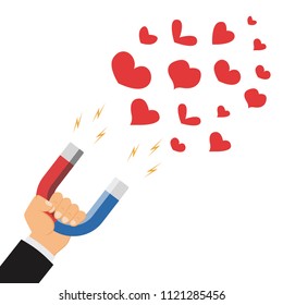 The concept of attracting desires. Human hand holding a magnet. Involving love, a magnet that attracts the heart. Vector illustration.