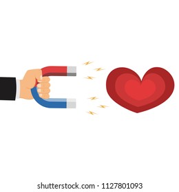 The concept of attracting desires. Human hand holding a magnet. Involving love, a magnet that attracts the heart. Vector illustration.