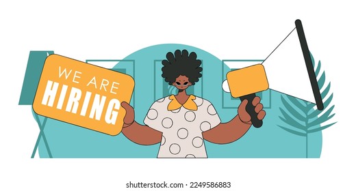 The concept of attracting employees. A man with a megaphone, symbolizing the search for people in the labor market.