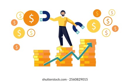 Concept of attracting financial investments. Man on a column of dollar gold coins with a large magnet attracts money productivity growth. Profit, people, banner. Business analysis. Vector illustration