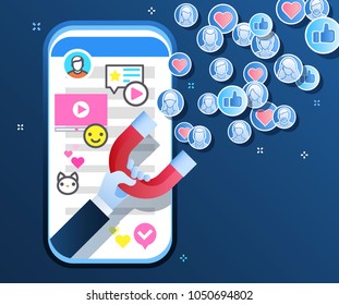 Concept of attracting followers, customers and clients to business. Hand holding magnet on blue background. Vector illustration in flat style.