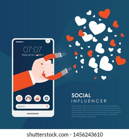 Concept of attracting followers, customers and clients to business. Hand holding magnet on blue background. Vector illustration in flat style.