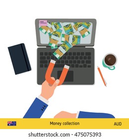 Concept of attracting investments. Australian Dollar banknote. Business concept vector illustration.