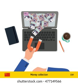 Concept of attracting investments. Chinese Yuan banknote. Business concept vector illustration.
