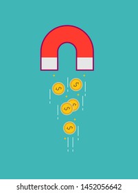 Concept of attracting investments. Money business success dollar magnet. Flat design, vector illustration