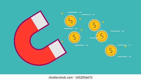 Concept of attracting investments. Money business success dollar magnet. Flat design, vector illustration