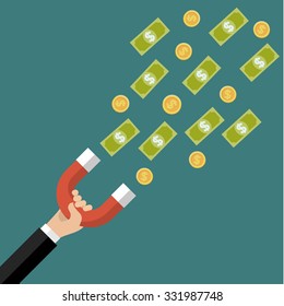 Concept of attracting investments. Money business success dollar magnet. Flat design, vector illustration