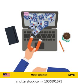 Concept of attracting investments.  Ringgit banknote. Business concept vector illustration.