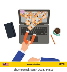 Concept of attracting investments.  Ringgit banknote. Business concept vector illustration.