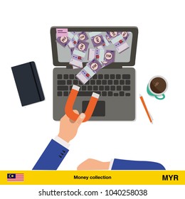 Concept of attracting investments.  Ringgit banknote. Business concept vector illustration.