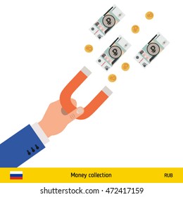 Concept of attracting investments. Russian Ruble banknote. Business concept vector illustration.