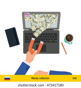 Concept of attracting investments. Russian Ruble banknote. Business concept vector illustration.