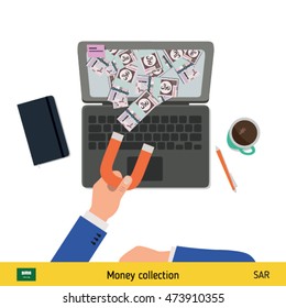 Concept of attracting investments. Saudi Arabian riyal banknote. Business concept vector illustration.