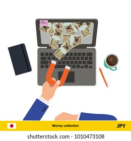 Concept of attracting investments. Yen banknote. Business concept vector illustration.