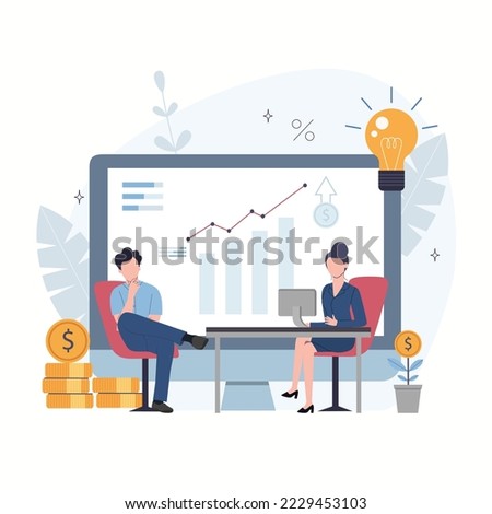 The concept of attracting a new client. A female manager convinces a doubting male client to invest his money in a project. Vector illustration.