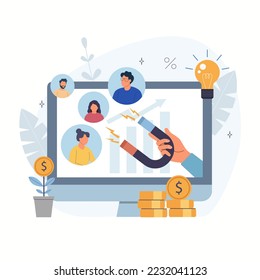The concept of attracting new customers by income growth. Vector illustration.