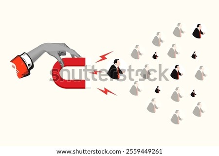 The concept of attracting people. A human hand that attracts a human icon with a magnet. Collage Art Vector illustration . Creative concept for web banner, social media banner