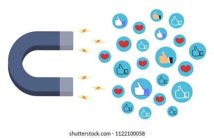 The concept of attracting success and likes. Magnet attracting likes, followers, visitors, partners and reaction smileys in social networks. Vector illustration.