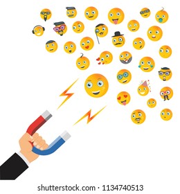 The concept of attracting success and likes. Magnet attracting likes, followers, visitors, partners and reaction smileys in social networks. Vector illustration.