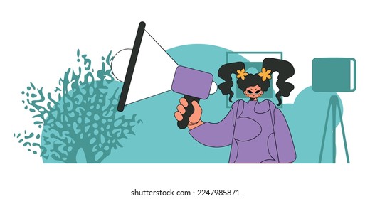Concept Attraction and search of personnel. The girl is holding a megaphone in her hands.