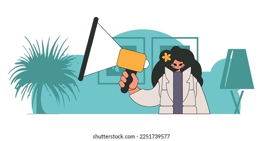 Concept Attraction and search of personnel. A girl with a megaphone, symbolizing the search for people in the labor market.