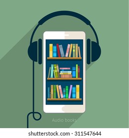 Concept of audio book. Book with headphones, vector illustration, flat design