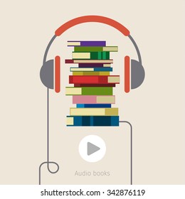 Concept of audio book. Book with headphones, vector illustration, flat design