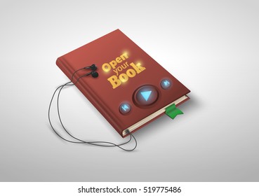 Concept of audio book. Book with headphones, vector illustration EPS10