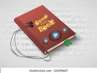 Concept of audio book. Book with headphones, vector illustration EPS10