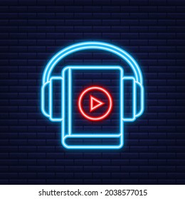 Concepto de audiolibro para página web, banner, medios sociales. Estilo neón. Ilustración vectorial.