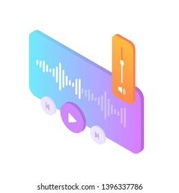 Concept of audio player with play, next and previous buttons, equalizer and sound bar. Vector illustration of user interface. Isometric style