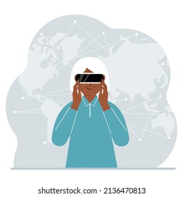 The concept of augmented or extended reality. Grandmother wearing 3D glasses or virtual reality headset. On the background of the world map. Vector flat illustration