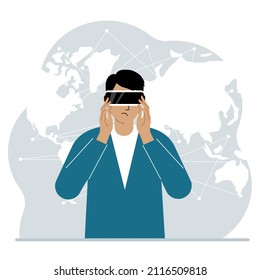 The concept of augmented or extended reality. Man wearing 3D glasses or virtual reality headset. On the background of the world map. Vector flat illustration