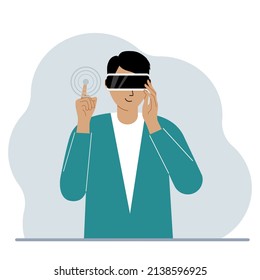 El concepto de realidad aumentada o extendida. Hombre con gafas 3D o casco de realidad virtual. Ilustración plana del vector