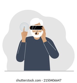 The concept of augmented or extended reality. Man wearing 3D glasses or virtual reality headset. Vector flat illustration