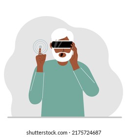 The concept of augmented or extended reality. Man wearing 3D glasses or virtual reality headset. Vector flat illustration
