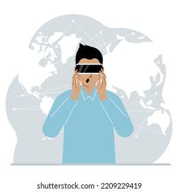 The concept of augmented or extended reality. Man wearing 3D glasses or virtual reality headset. On the background of the world map. Vector flat illustration