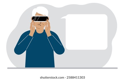 The concept of augmented or extended reality. Man wearing 3D glasses or virtual reality headset. On the background of the world map. Vector flat illustration