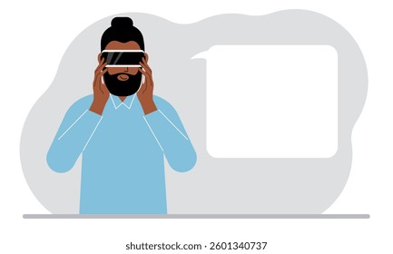 The concept of augmented or extended reality. Man wearing 3D glasses or virtual reality headset. On the background of the world map.