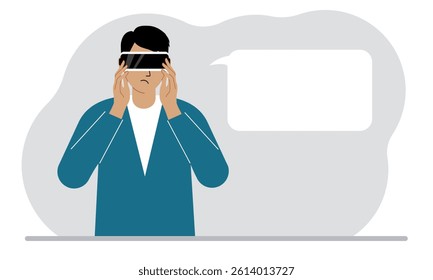 The concept of augmented or extended reality. Man wearing 3D glasses or virtual reality headset. On the background of the world map.